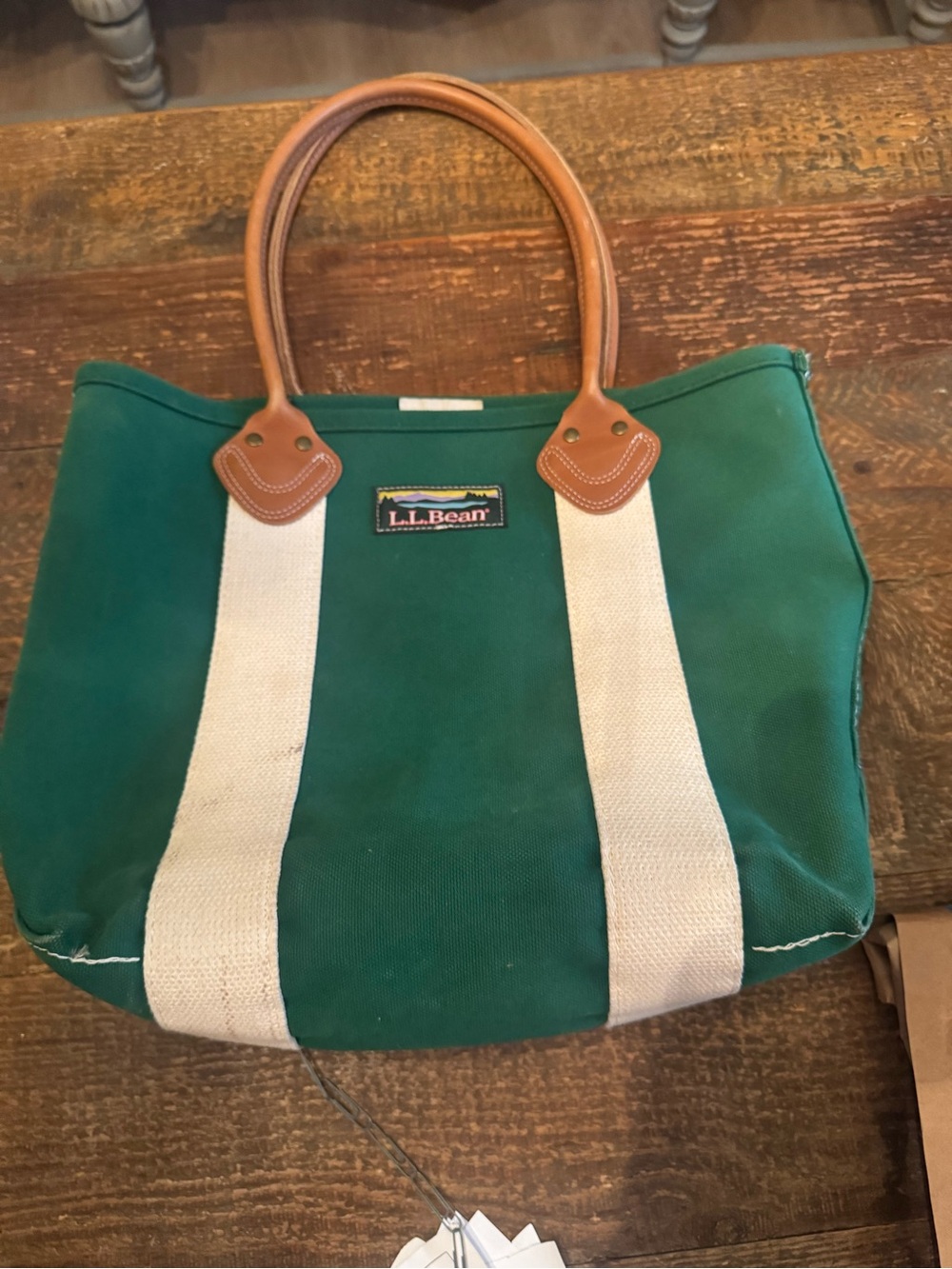 L.L. Bean Green Canvas Tote with Leather Handles